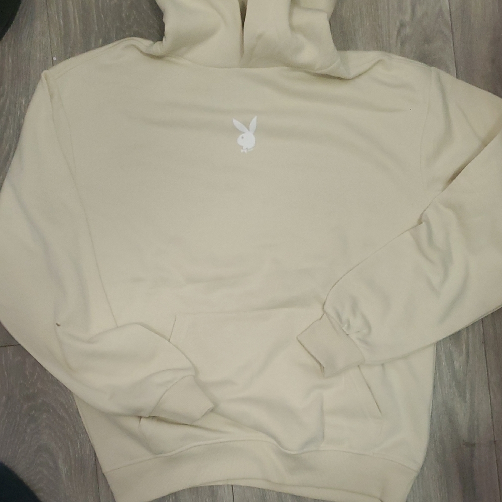 PLAYBOY Cream Pullover Hoodie with White Bunny Logo